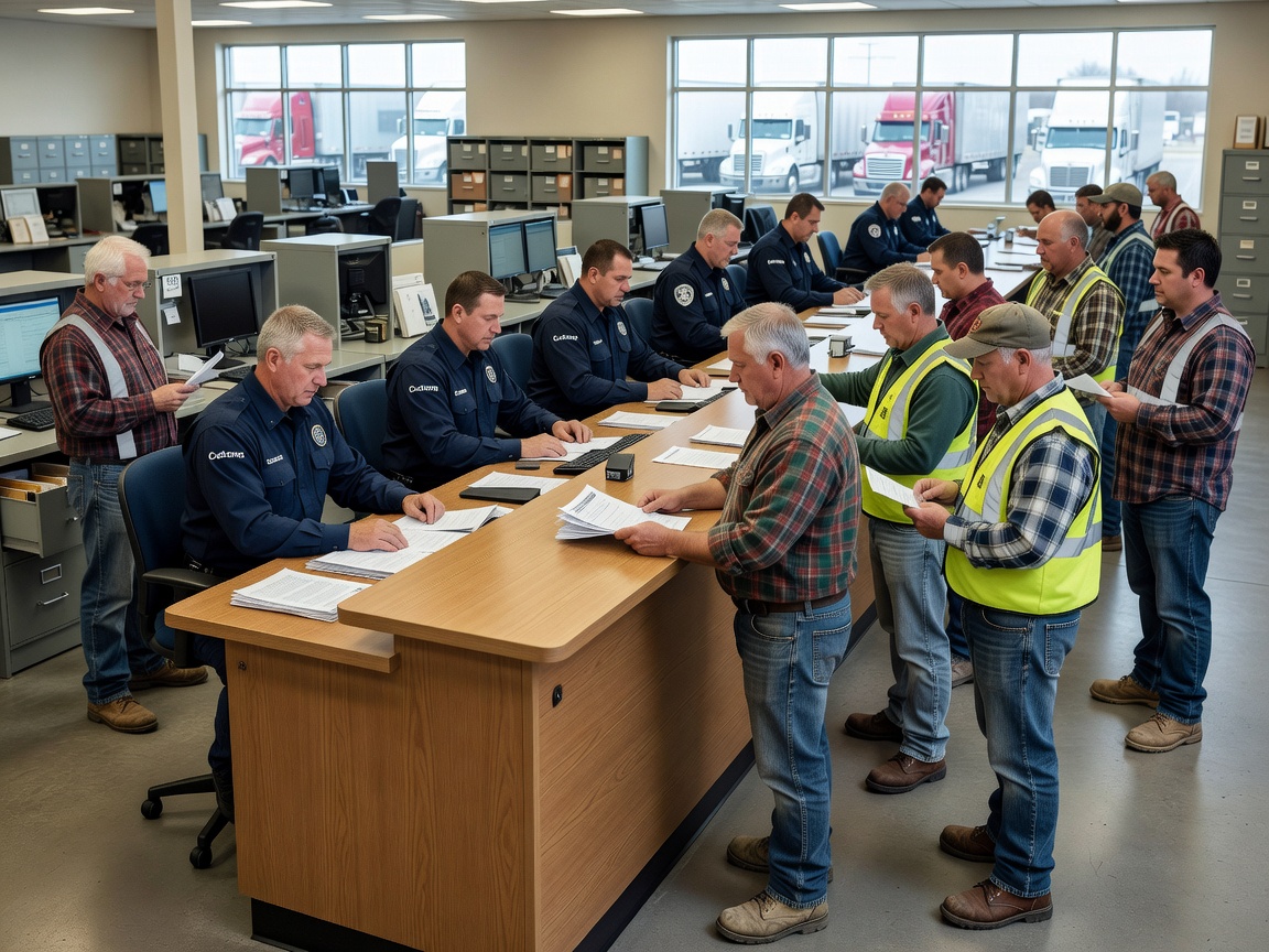 Commercial customs clearance office with truck drivers presenting cargo manifests