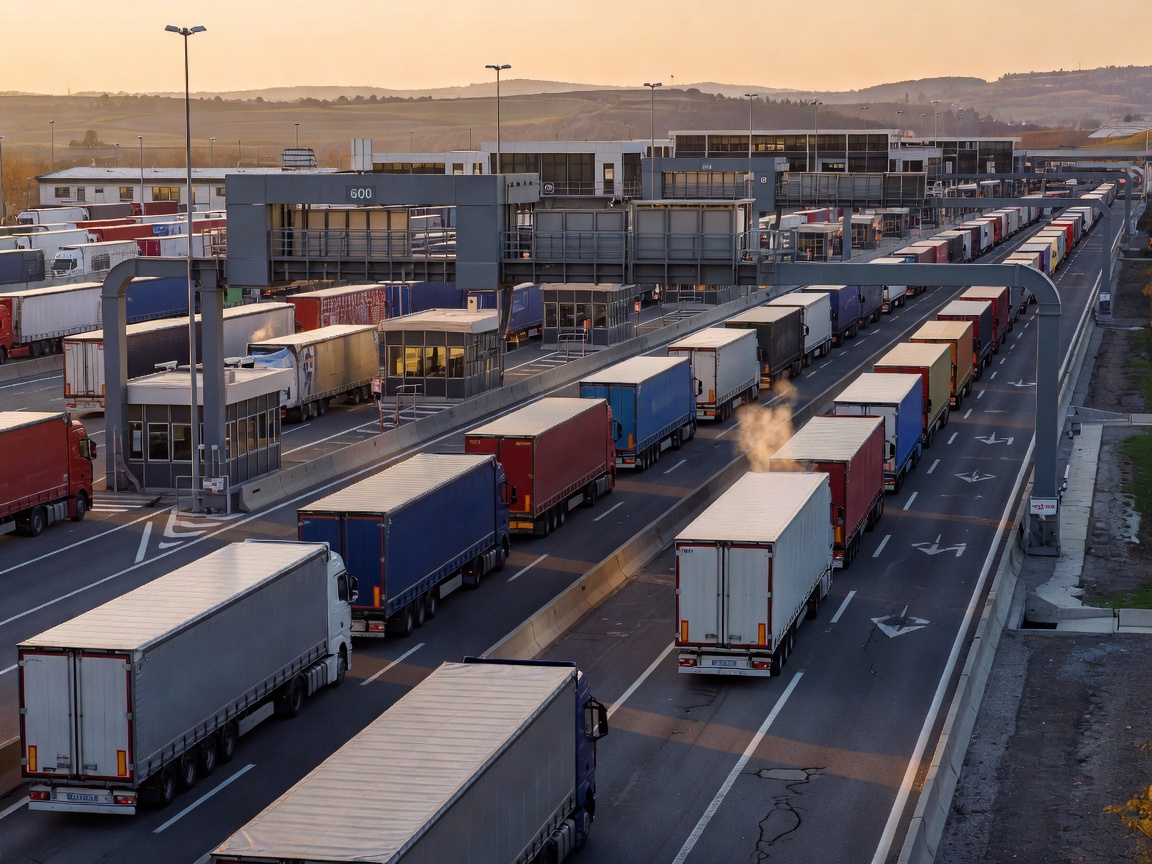 European border crossing terminal on motorway with commercial freight lanes