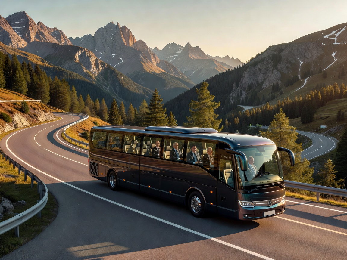 Executive team coach traveling along European mountain highway