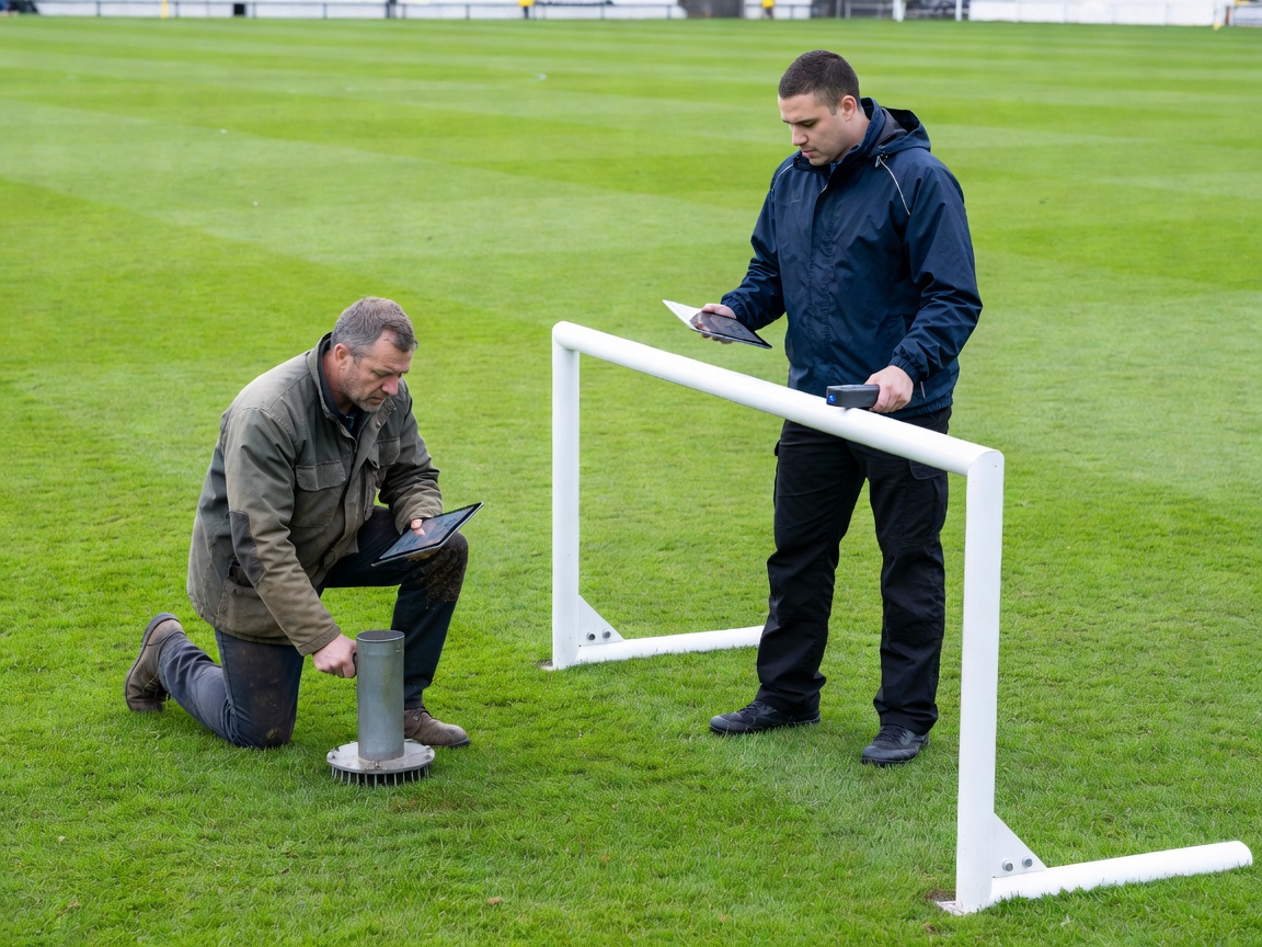 Groundsman and sports logistics coordinator testing pitch turf density and goal integrity