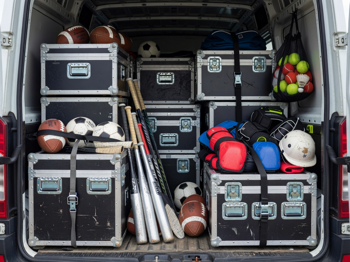 Heavy-duty flight cases and sports equipment packed in dedicated transport van