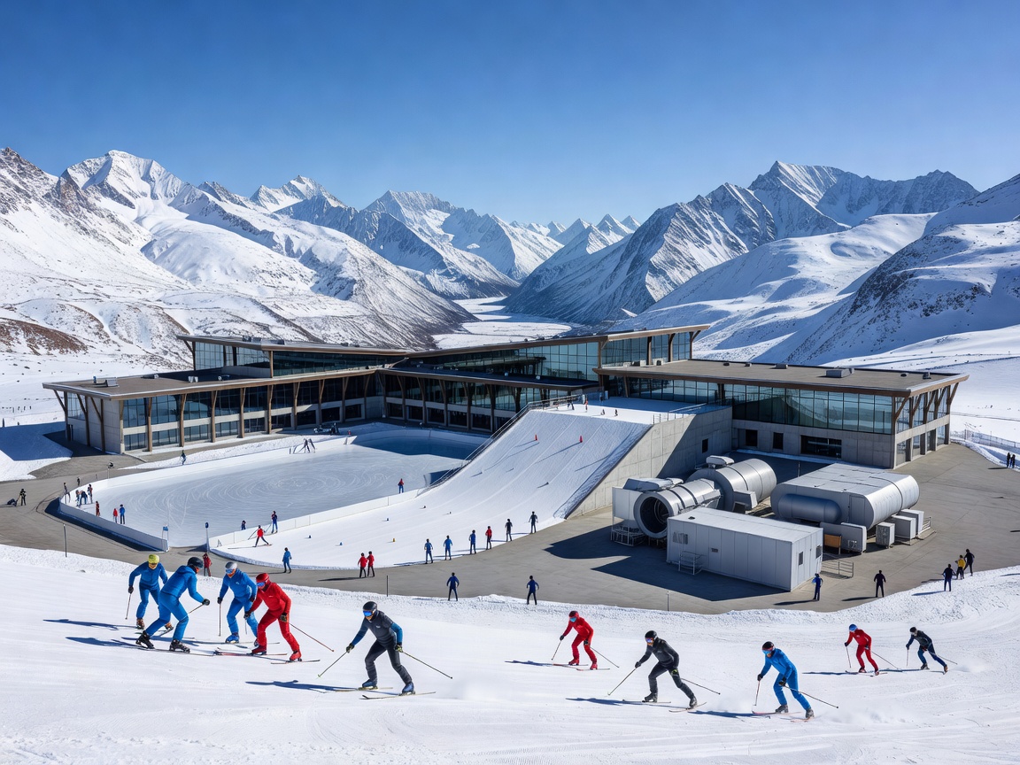 High-altitude alpine sports training center surrounded by mountain peaks