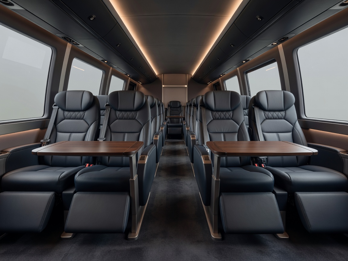 Interior layout of luxury team coach showing extended legroom tables and ergonomic seating