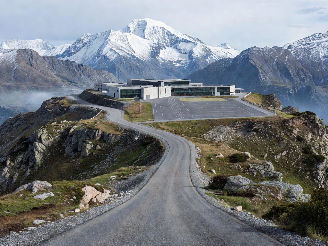 Mountain pass highway leading toward high alpine sports training facility