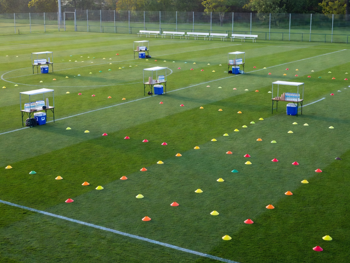 Pristine professional training pitch with cones and hydration stations ready for session