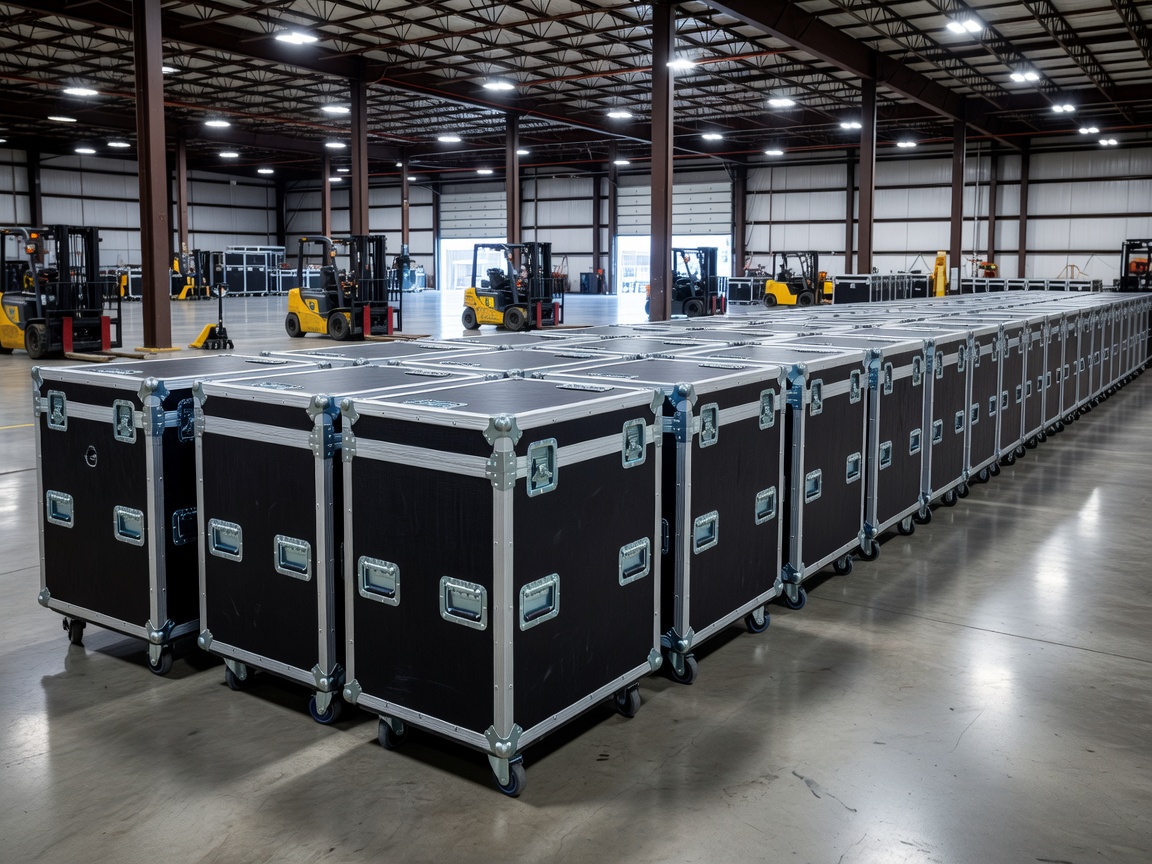Reinforced flight cases lined up inside logistics staging warehouse ready for loading